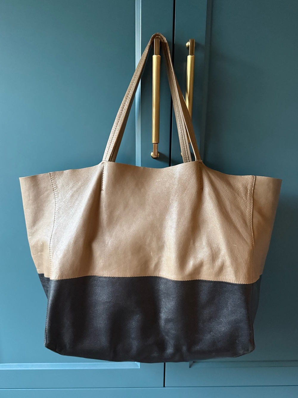 Auth CELINE Horizontal Bicolor Cabas Leather Tote Bag in Tan & Black - Picture 1 of 14